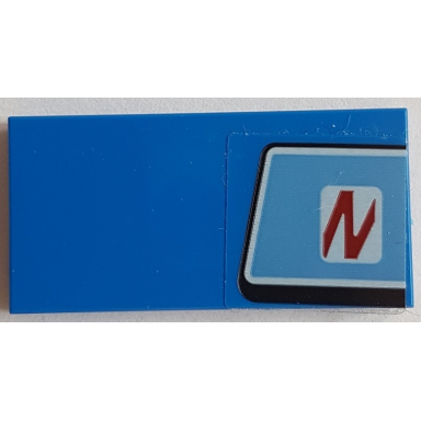 blue tile 2 x 4 with slanted red letter n in white rounded rectangle on medium blue background pattern sticker - set 76082