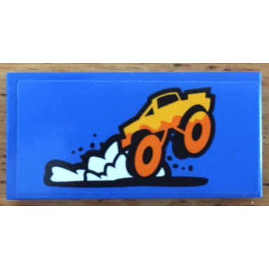 blue tile 2 x 4 with orange monster truck and white dust pattern sticker - set 60180