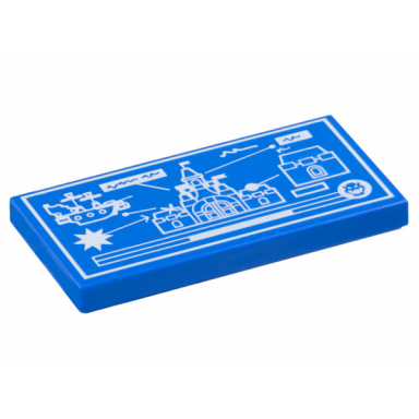 blue tile 2 x 4 with white blueprint airship and fortress attacking castle pattern