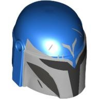 blue minifigure headgear helmet with holes sw mandalorian with silver front and v dark silver cheek indents and black visor pattern