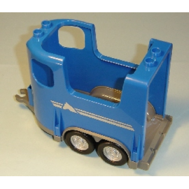 blue duplo horse trailer with dark bluish gray base and silver stripes and horse head pattern