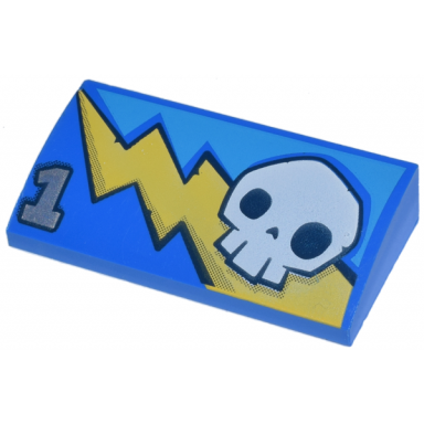 blue slope curved 2 x 4 x 2 3 with bottom tubes with yellow lightning bolt white skull and silver number 1 pattern