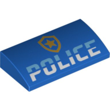blue slope curved 2 x 4 x 2 3 with bottom tubes with bright light blue and white police and gold star badge logo pattern