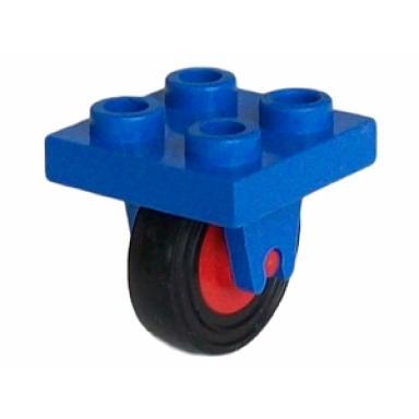 blue plate modified 2 x 2 with wheel holder bottom with red wheel with black tire 14mm d x 4mm smooth small single 8 3464c01