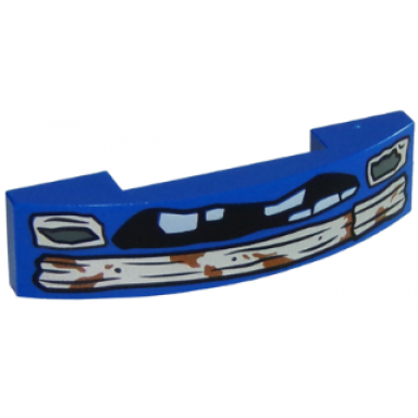 blue slope curved 4 x 1 x 2 3 double with black mouth with white teeth and bumper with mud splotches pattern