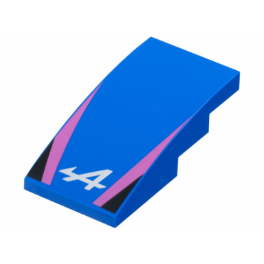 blue slope curved 4 x 2 with alpine formula 1 logo stylized white capital letter a dark pink stripes black triangles pattern