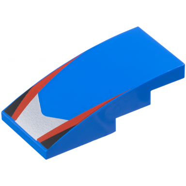 blue slope curved 4 x 2 with silver v-shaped center panel red stripes black triangles pattern