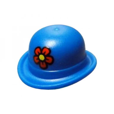 blue minifigure headgear hat bowler with red flower with yellow center pattern