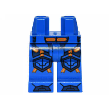blue hips and legs with orange and gold circuitry dark blue armor hexagonal knee pads and boots pattern
