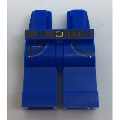 blue hips and legs with reddish brown belt gold buckle and pockets with white stitching jeans pattern