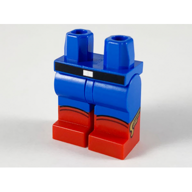 blue hips and legs with molded red lower legs boots and printed black belt silver buckle gold wings on sides and curved boot tops pattern