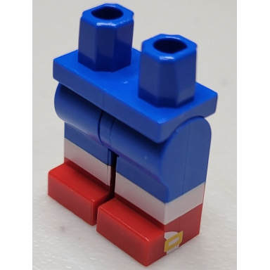 blue hips and legs with molded red lower legs boots and printed white socks and yellow buckles on sides pattern