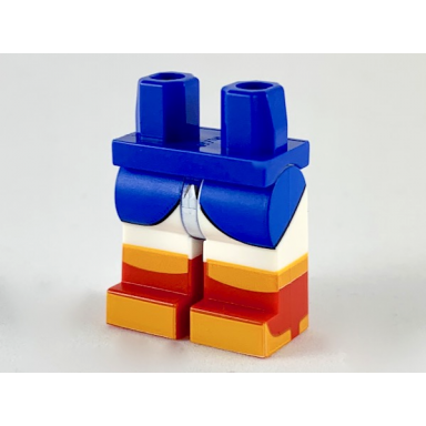 blue hips and white legs with red boots blue coattails bright light orange knees and toes pattern