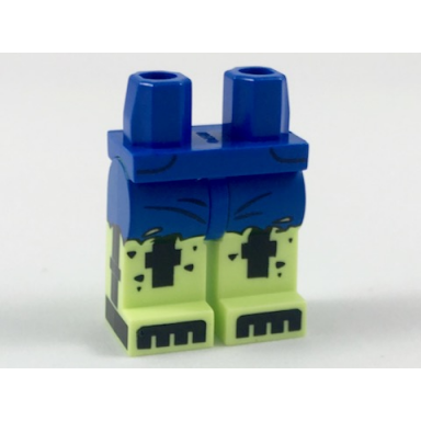 blue hips and yellowish green legs with tattered jeans and black minifigure skeleton pattern