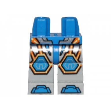 blue hips and light bluish gray legs with blue armor and orange and yellow circuitry blue hexagonal knee pads and blue boots pattern
