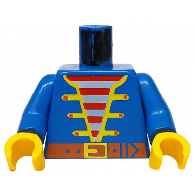 blue torso pirate jacket open with yellow trim over shirt with red and white horizontal stripes dark orange belt with buckle pattern blue arms yellow hands