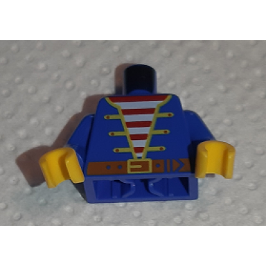blue torso pirate jacket open with yellow trim over shirt with red and white horizontal stripes dark orange belt with buckle pattern inside with ribs reissue blue arms yellow hands
