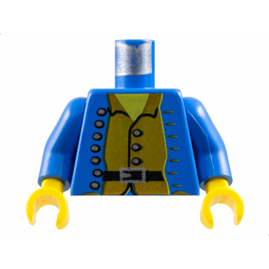 blue torso pirate jacket open with silver buttons over brown shirt black belt with buckle yellow neck pattern blue arms yellow hands