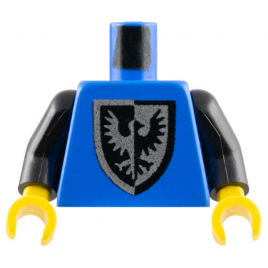 blue torso castle black falcon with shield bottom round pattern black arms yellow hands