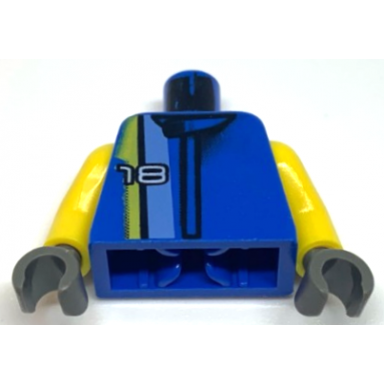 blue torso racers white 18 on medium blue black and yellow stripes pattern yellow arms dark gray hands