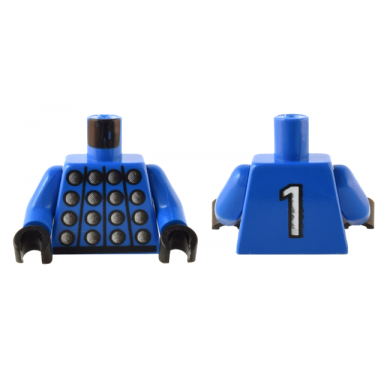 blue torso studded armor with silver circles black belt white number 1 on back pattern blue arms black hands