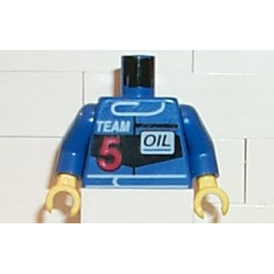 blue torso race driver with white team red number 5 and black oil pattern blue arms yellow hands