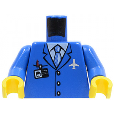 blue torso airplane crew male light blue tie red pen silver plane logo id badge 3 buttons pattern blue arms yellow hands