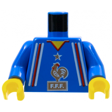 blue torso soccer uniform shirt with red and white stripes gold star and rooster logo with f.f.f yellow neck pattern blue arms yellow hands