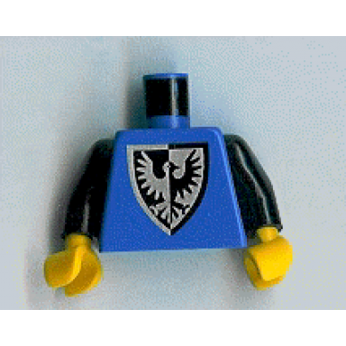 blue torso castle black falcon with shield bottom pointed pattern black arms yellow hands