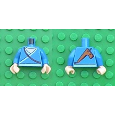 blue torso avatar white robe trim and belt brown strap with boomerang on back pattern blue arms light nougat hands