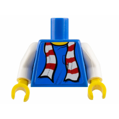 blue torso shirt with pocket scarf with red and white stripes yellow neck pattern sticker white arms yellow hands