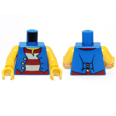 blue torso pirate vest open with gold buttons over shirt with red and white horizontal stripes yellow neck pattern yellow arms yellow hands