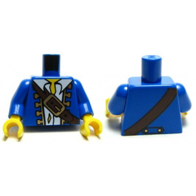 blue torso pirate jacket open with gold trim over torn white shirt dark brown diagonal belt with buckle yellow neck pattern blue arms yellow hands