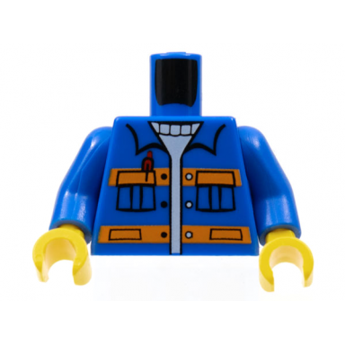 blue torso city jacket with pockets pen over sweater orange stripes pattern blue arms yellow hands