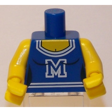 blue torso scoop neck female with white m pattern yellow arms yellow hands