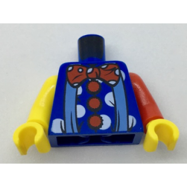 blue torso blue suspenders and red polka dot bow tie and buttons pattern clown red arm left yellow arm right yellow hands