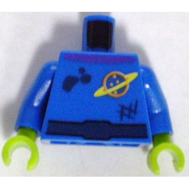 blue torso space ringed planet and black belt dirt stains pattern blue arms lime hands