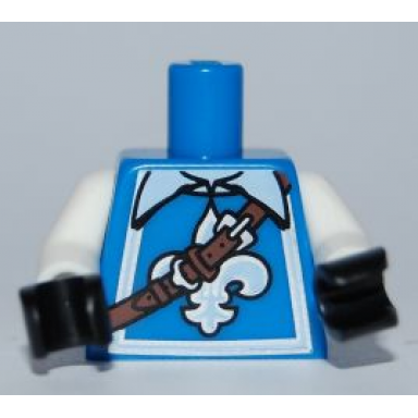 blue torso shirt with white and silver fleur-de-lis and border over undershirt with collar reddish brown strap with buckle pattern white arms black hands