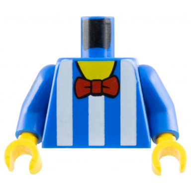 blue torso shirt with white vertical stripes red bow tie yellow neck pattern blue arms yellow hands