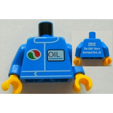 blue torso octan logo and upright font oil on front 2012 the lego store overland park ks on back pattern blue arms yellow hands
