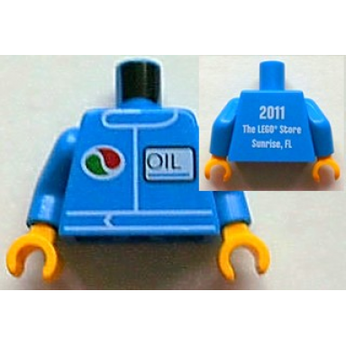 blue torso octan logo and upright font oil on front 2011 the lego store sunrise fl on back pattern blue arms yellow hands
