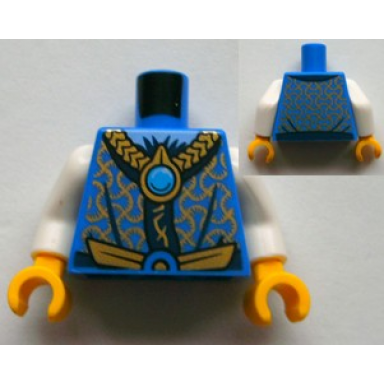 blue torso robe with gold and dark blue collar and dark azure round jewel chi pattern white arms yellow hands