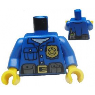 blue torso police shirt with white undershirt gold badge and buckle black belt with pouches on front radio on back pattern blue arms yellow hands