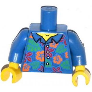 blue torso hawaiian shirt with orange and red flowers and bright green leaves pattern blue arms yellow hands