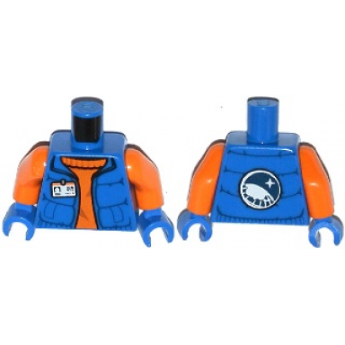 blue torso down vest with id badge over orange sweater arctic explorer logo on reverse pattern orange arms blue hands
