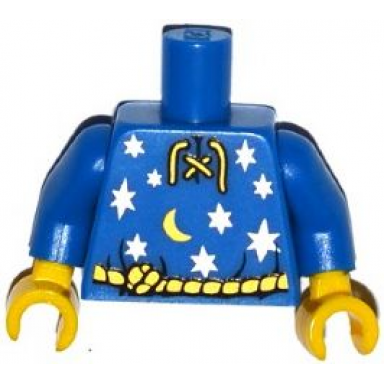 blue torso lace-up shirt with moon and stars and gold rope belt pattern blue arms yellow hands