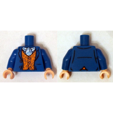 blue torso lotr jacket open over orange vest with copper buttons bright light blue and white ascot pattern blue arms light nougat hands