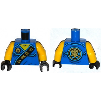 blue torso ninjago robe with gold asian characters on black sash and jay power emblem pattern yellow arms black hands