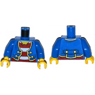 blue torso pirate jacket open with gold trim over shirt with red and white horizontal stripes yellow neck pattern blue arms yellow hands