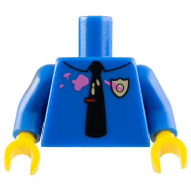 blue torso simpsons police shirt with collar tan badge black tie with red clip dark pink splotches pattern blue arms with tan ovals pattern yellow hands